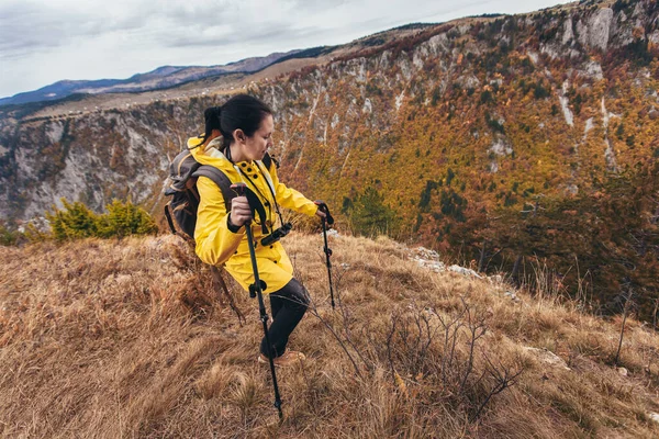 Feliz Mulher Meia Idade Com Mochila Capa Chuva Topo Montanha — Fotografia de Stock