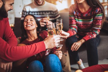 Güzel dekore edilmiş bir evde oturan bir grup arkadaş Noel 'i ya da yeni yılı kutlarken eğleniyorlar.
