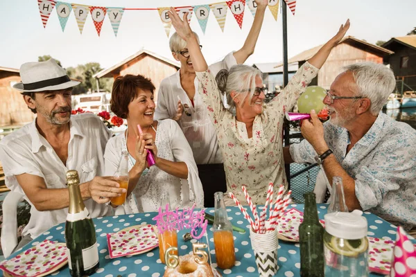 Ældre Mennesker Fejrer Fødselsdag Hytten Floden Have Det Sjovt - Stock-foto