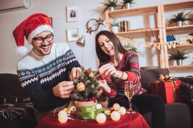 Mutlu çift evlerinde Noel ağacı süslüyorlar.