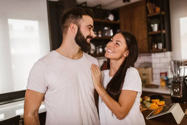 Joyful Couple Hugging Kitchen Home Morning — Stock Photo, Image