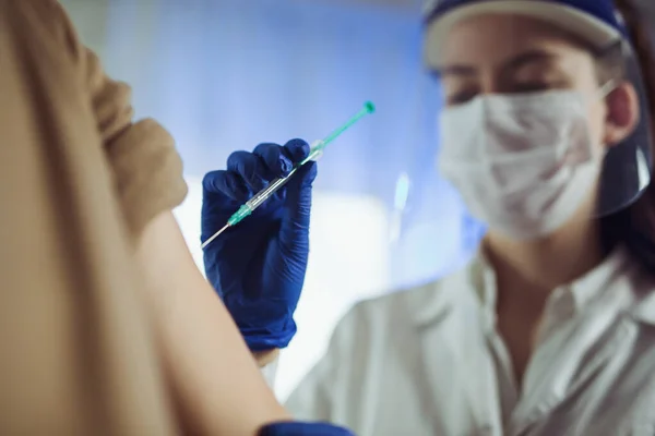 Female Doctor Nurse Giving Shot Vaccine Patient Shoulder Vaccination Prevention — Stock Photo, Image