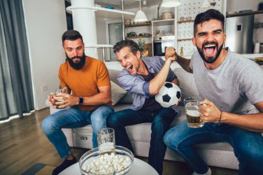 Bir grup futbol taraftarı televizyonda maç izleyip golü kutluyor..