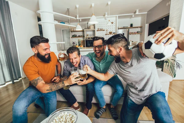 Group Football Fans Watching Soccer Game Television Celebrating Goal — Stock Photo, Image