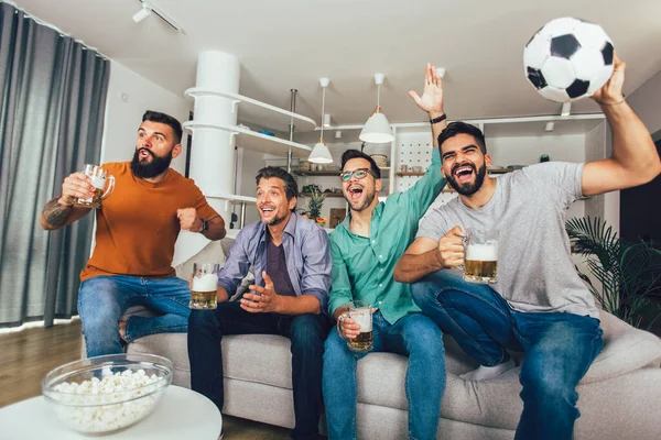 Group Football Fans Watching Soccer Game Television Celebrating Goal — Stock Photo, Image