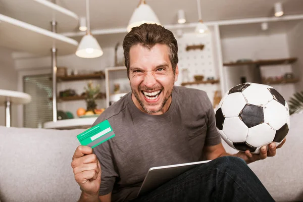 Young Soccer Fan Man Watching Football Game Television Living Room — Stock Photo, Image