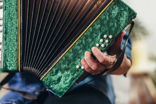 Nahaufnahme Eines Mädchens Das Grüne Ziehharmonika Spielt Hände Aus Nächster — Stockfoto