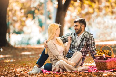 Mutlu romantik çift parkta piknik yapıyor. 