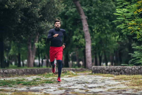 Erkek Koşucu Eğitimi Parkta Kaslarını Esneten Erkek Sporcu Sağlıklı Sağlıklı — Stok fotoğraf