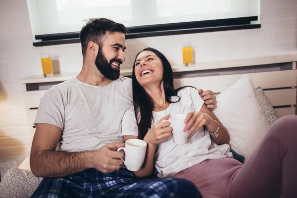 Cute Couple Having Breakfast Drink Coffee Bedroom — Stock Photo, Image