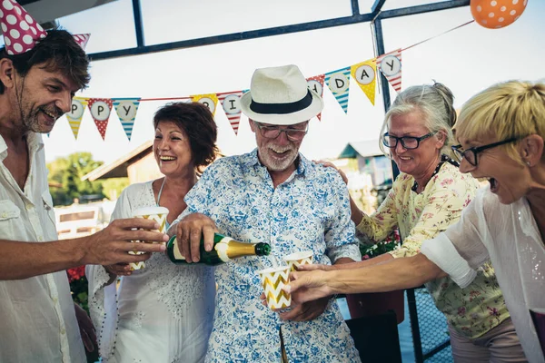 Pessoas Idosas Comemorando Aniversário Casa Campo Rio Divertindo — Fotografia de Stock