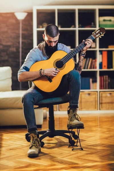 Handsome Young Bearded Man Playing Classical Guitar Home — Stock Photo, Image