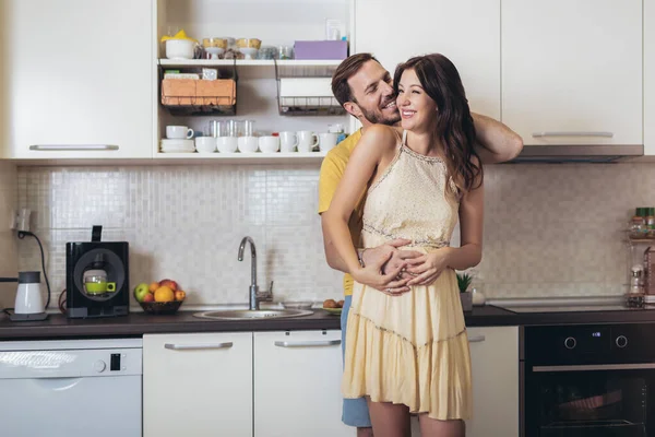 Pregnant Woman Husband Kitchen Having Fun — Stock Photo, Image