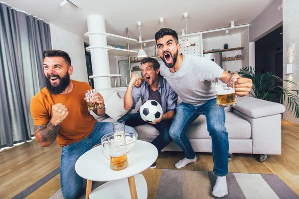 Amigos Varones Felices Aficionados Fútbol Viendo Fútbol Televisión Celebrando Victoria —  Fotos de Stock