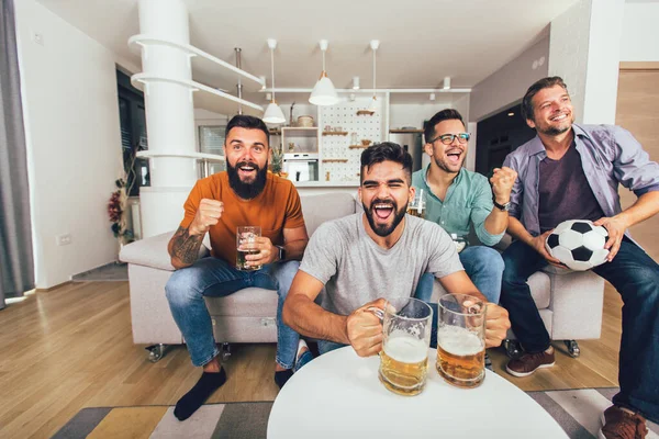 Happy Male Friends Football Fans Watching Soccer Celebrating Victory Home — Stock Photo, Image