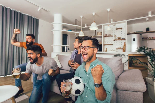 Happy Male Friends Football Fans Watching Soccer Celebrating Victory Home — Stock Photo, Image