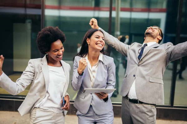 Business Team Celebrating Triumph Looking Digital Tablet — Stock Photo, Image