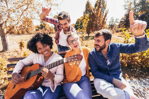 Gruppe Junger Leute Park Sie Sitzen Auf Einer Bank Singen — Stockfoto