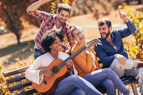 Gruppe Junger Leute Park Sie Sitzen Auf Einer Bank Singen — Stockfoto