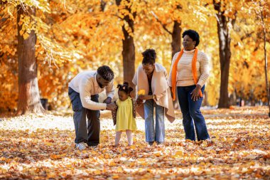 Renkli sonbahar parkında yürüyen, yaprakları toplayan, güz gününün, açık havanın, mutluluğun ve aile bağlarının tadını çıkaran Afrikalı Amerikalı bir aile..
