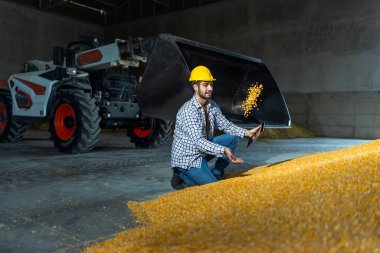 Genç adam soya fasulyesini bir elinde, tablet ise depoda, modern tarım, mahsul yönetimi, tarım, lojistik, gıda endüstrisi kavramını elinde tutuyor..
