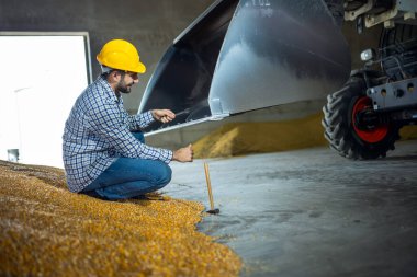 Depodaki işçiler soya işleme ve taşımacılığı için kullanılan kızak direksiyon yükleyicisini tamir ediyorlar, endüstriyel tarım makineleri bakım sahnesi.