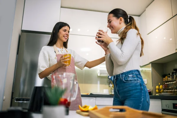 İki genç kadın modern bir mutfakta taze meyve suyu ve meyve sularının tadını çıkarıyorlar. Gülümsüyorlar ve sağlıklı, renkli bir içki anı paylaşıyorlar..