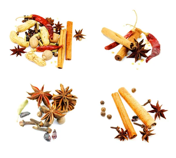 Collection Sweet Spices Cinnamon Sticks Anise Stars Chili Peppers Cardamon — Stockfoto