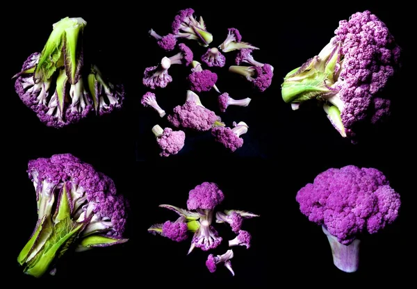 Colección Coliflores Purpúreas Crudas Perfectas Con Brotes Hojas Aisladas Sobre —  Fotos de Stock