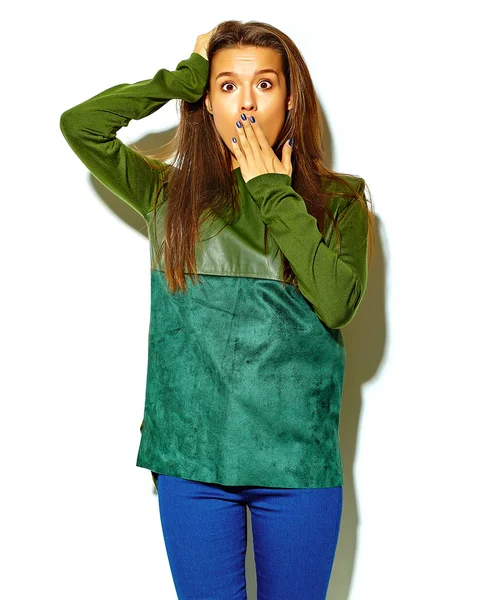 Close-up portrait of a young hipster woman scared ,afraid and and touching her head, looking at camera isolated on white — Stock Photo, Image