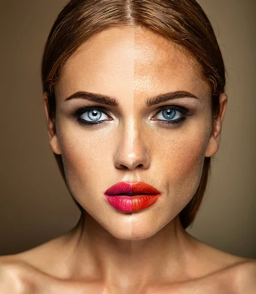 portrait of beautiful woman model, before and after retouch
