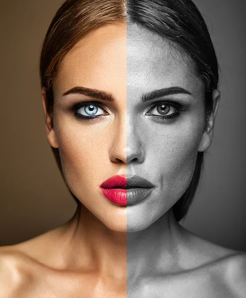 portrait of beautiful woman model, before and after retouch