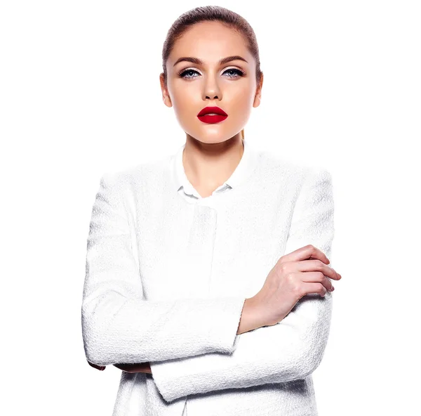 Lindo lindo jovem caucasiano sexy quente empresária secretário no branco jaqueta isolada no branco com maquiagem brilhante e lábios vermelhos — Fotografia de Stock