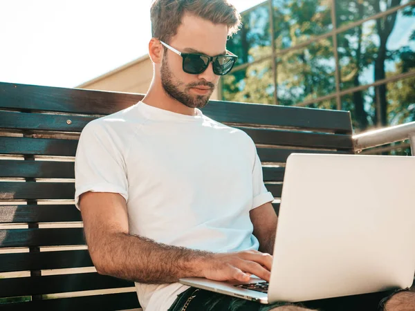 Handsome Smiling Stylish Hipster Lambersexual Model Fashion Man Sitting Bench — Stock Photo, Image