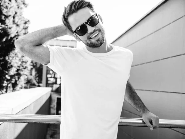 Portrait Handsome Smiling Stylish Hipster Lambersexual Model Man Dressed White — Stock Photo, Image