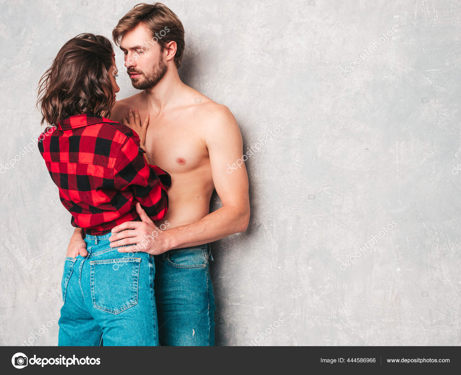 Hot Beautiful Woman Her Handsome Boyfriend Models Posing Gray Wall Stock Photo by ©alexhalay 444586966