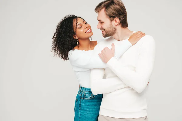 Smiling Beautiful Woman Her Handsome Boyfriend Happy Cheerful Multiracial Family — Stock Photo, Image