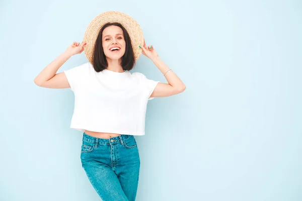 Retrato Jovem Bela Fêmea Sorridente Roupas Hipster Verão Moda Mulher — Fotografia de Stock