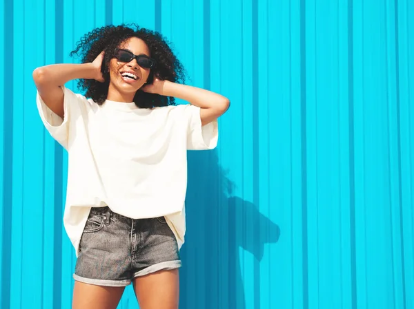 Beautiful Black Woman Afro Curls Hairstyle Smiling Hipster Model White — Stock Photo, Image