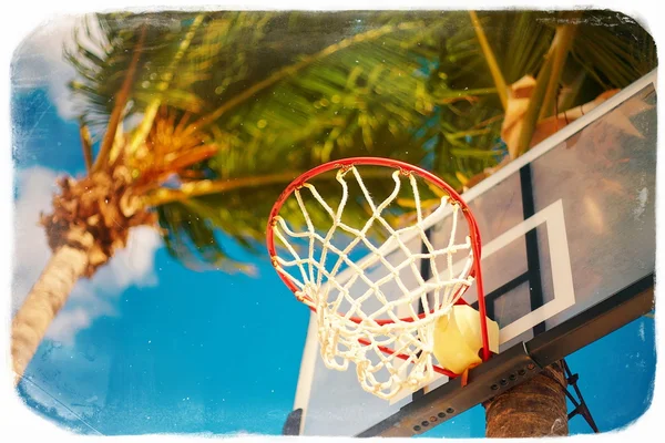 Anel de placa de basquete no dia de verão no céu azul e verde árvore palma fundo — Fotografia de Stock