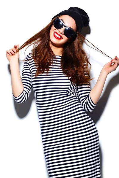 High fashion look.glamor stylish beautiful  young happy smiling woman model with red lips  in zebra dress in black beanie — Stock Photo, Image