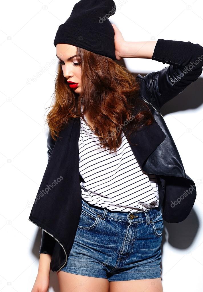 High fashion look.glamor stylish beautiful  young happy smiling woman model with red lips  in casual cloth in black beanie