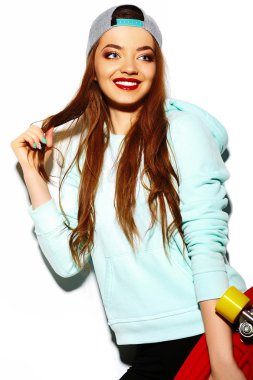 Yaz parlak mavi hipster bez yüksek moda look.glamor şık seksi güzel genç esmer kadın modeli