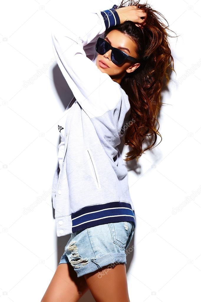 High fashion look.glamor stylish sexy beautiful  young brunette woman model  in summer bright  hipster cloth