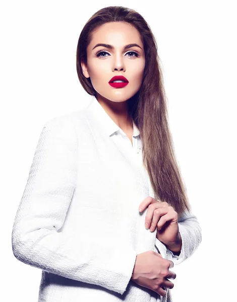 ファッション性の高い look.glamor 白衣ジャケット ヒップスター布に美しいセクシーなスタイリッシュなブルネット ビジネス若い女性モデルのポートレート、クローズ アップ — ストック写真