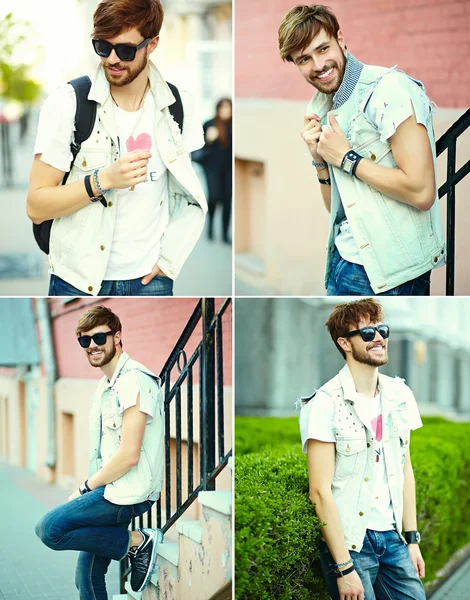 Koleksi kolase pria tampan hipster yang tersenyum lucu dengan pakaian musim panas bergaya di jalan dengan kacamata hitam — Stok Foto