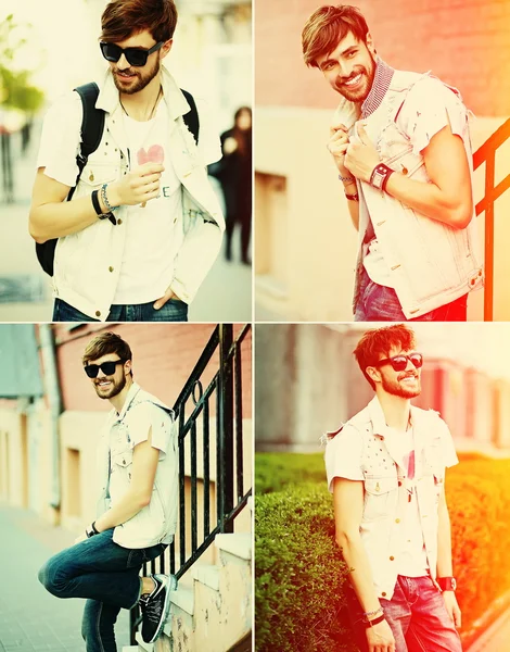 Koláž kolekce o usmívající se bederní pohledný muž vtipnej stylové letní látkou v ulici na sluneční brýle — Stock fotografie