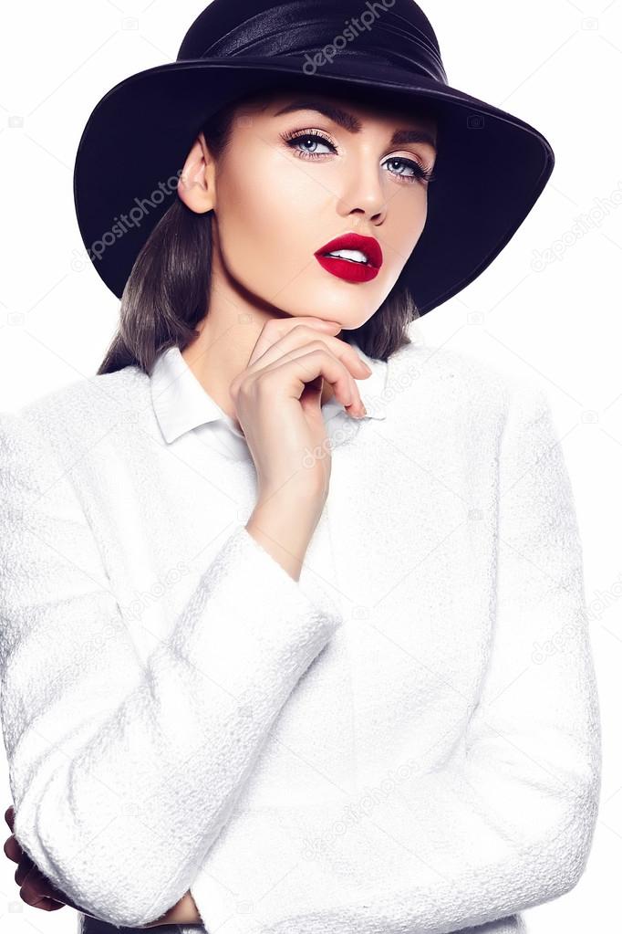 High fashion look.glamor closeup portrait of beautiful sexy stylish brunette business young woman model in white coat jacket hipster cloth