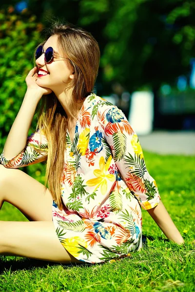 Funny  stylish sexy smiling beautiful young woman model in summer bright hipster cloth dress  in the street — Stock Photo, Image