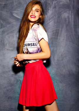 Funny lifestyle crazy glamor stylish sexy  smiling beautiful blond young  woman model in summer bright hipster cloth
